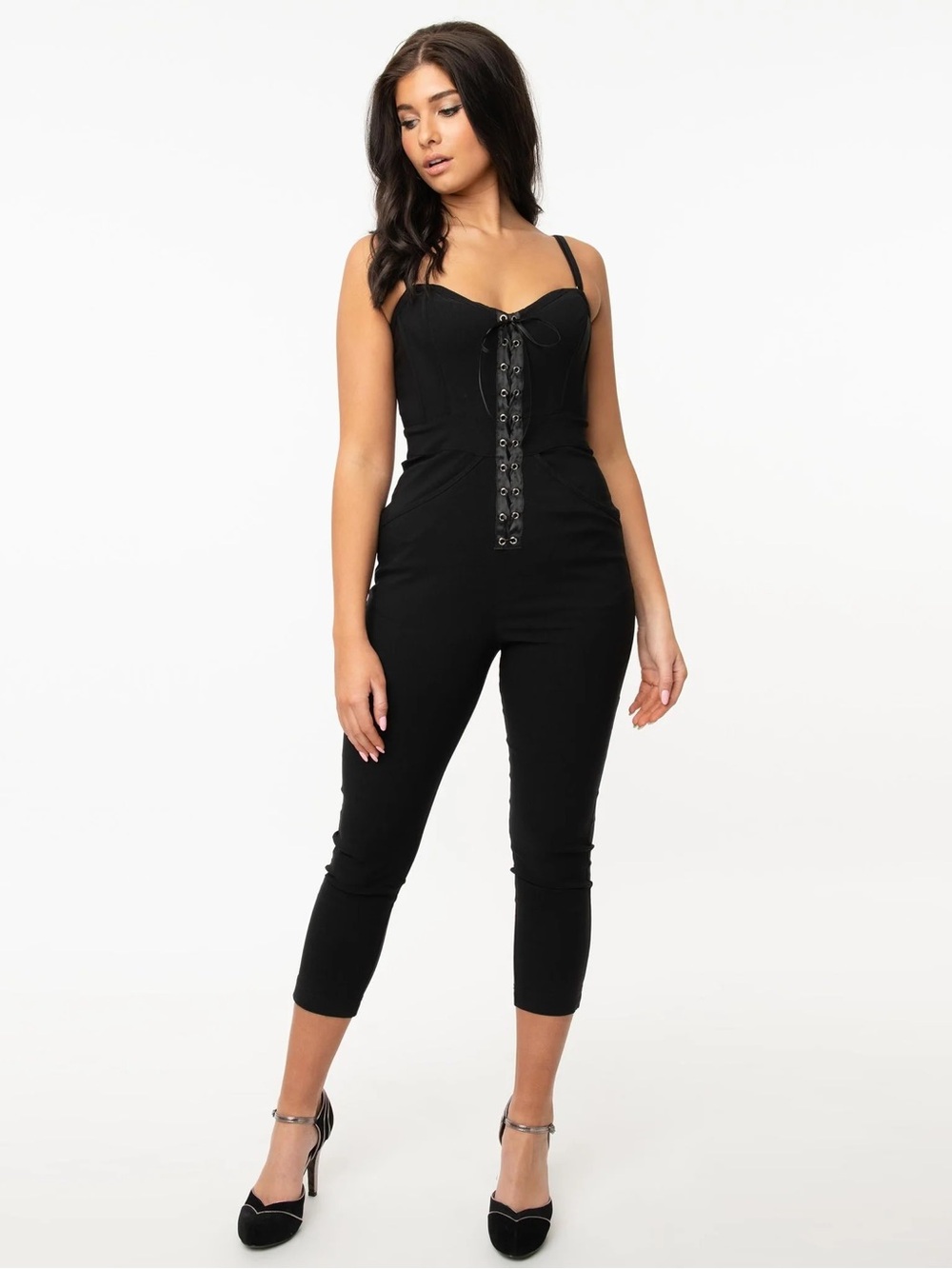 Unique Vintage Plus Size Black Corset Style Strapless Stretchy Jumpsuit Pantsuit